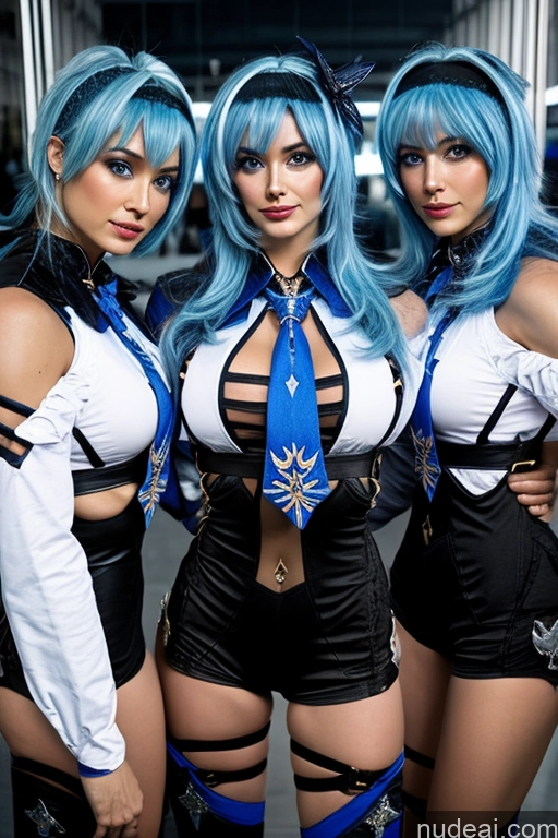 ai nude image of three women in cosplay costumes posing for a picture pics of Bodybuilder Eula: Genshin Impact Cosplayers