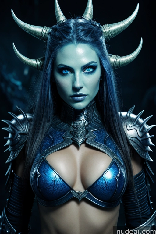 ai nude image of a close up of a woman with horns and a blue dress pics of Glowing, Skull, Armor, Spikes, Teeth, Monster, Dirty, Tentacles, Pus, Pimples, Crack, Truenurgle Deep Blue Eyes