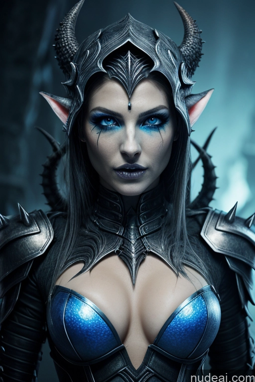 ai nude image of a close up of a woman in a costume with horns and blue eyes pics of Glowing, Skull, Armor, Spikes, Teeth, Monster, Dirty, Tentacles, Pus, Pimples, Crack, Truenurgle Deep Blue Eyes