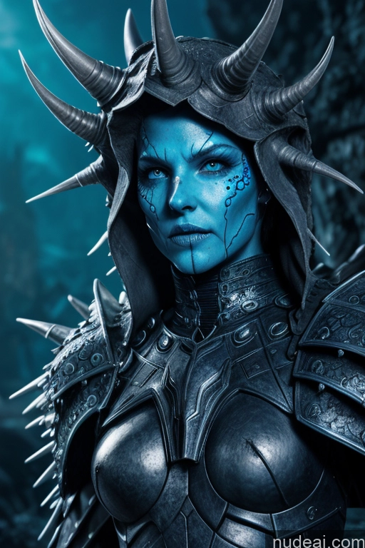 ai nude image of arafed woman in armor with blue makeup and horns pics of Glowing, Skull, Armor, Spikes, Teeth, Monster, Dirty, Tentacles, Pus, Pimples, Crack, Truenurgle Deep Blue Eyes Athlete