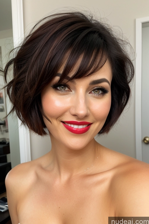 ai nude image of arafed woman with a red lipstick and a short haircut pics of Milf Woman One Busty Lipstick Beautiful Short Short Hair Fairer Skin 30s Happy Brunette Messy Dutch Mirror Selfie Beach Front View Spreading Legs Nude Bright Lighting