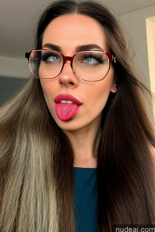 ai nude image of arafed woman with glasses and a pink lip sticking out her tongue pics of Lingerie Model Two One Glasses Perfect Boobs Huge Boobs Lipstick Big Ass Skinny Big Hips Long Legs Tall Perfect Body Long Hair Fairer Skin 20s Orgasm Ahegao Pouting Lips Seductive Brunette Straight Braided Russian Scandinavian Prison Front View Bending Over Blowjob Cumshot Nude