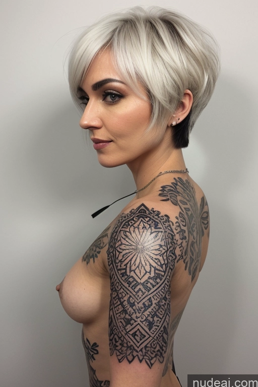 ai nude image of a close up of a woman with a tattoo on her arm pics of Milf Tattoos Short Short Hair 40s White Hair Bobcut Close-up View Front View Nude