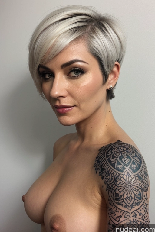 ai nude image of a close up of a woman with a tattoo on her arm pics of Milf Tattoos Short Short Hair 40s White Hair Bobcut Front View Nude Thong Transparent