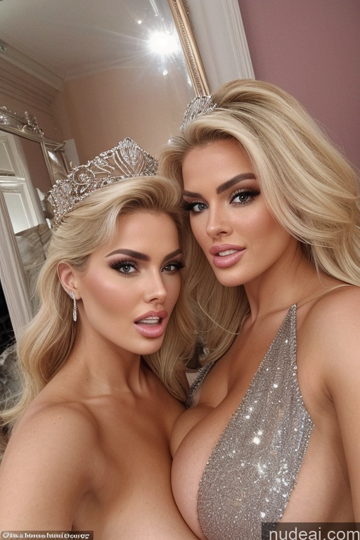 ai nude image of two women in a room with a mirror and a mirror pics of Miss Universe Model Huge Boobs 20s Two Several Party Mirror Selfie Close-up View Shocked Blonde