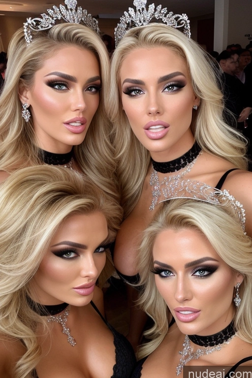 ai nude image of three women in tiables posing for a picture with their crowns on pics of Miss Universe Model Huge Boobs 20s Two Several Party Mirror Selfie Close-up View Shocked Blonde Choker