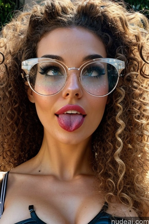 ai nude image of a close up of a woman with glasses and a pink lip pics of Lingerie Model Woman Two Glasses Perfect Body Curly Hair 18 Ahegao Brunette Japanese Cyberpunk Nude