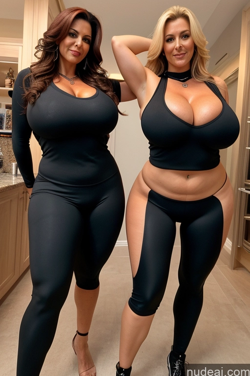 ai nude image of two women in black tights posing for a picture in a kitchen pics of Milf Two Busty Huge Boobs Big Ass T-pose Spandex