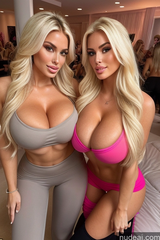 ai nude image of two women in tight pants posing for a picture in a room pics of Two Several Yoga Pants Blonde Busty Huge Boobs Seductive Skin Detail (beta) Swedish T-pose Bedroom Beautiful Miss Universe Model Bimbo