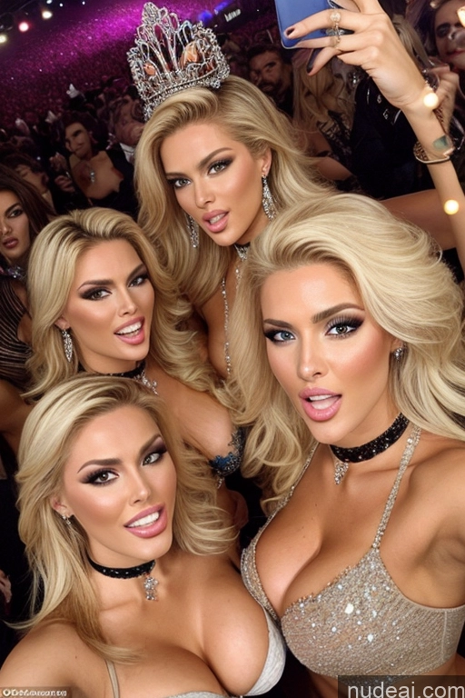 ai nude image of three women in a group pose for a picture with a phone pics of Miss Universe Model Huge Boobs 20s Two Several Party Mirror Selfie Shocked Close-up View Blonde Choker