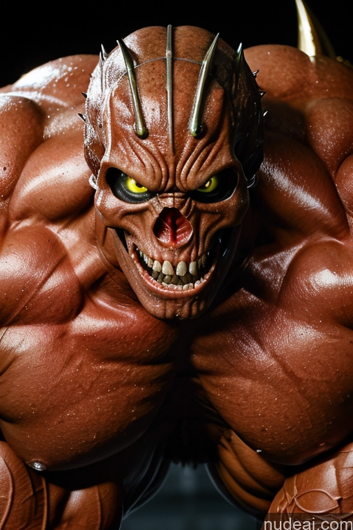 ai nude image of a close up of a man with a large muscular body and a horned face pics of Bodybuilder Glowing, Skull, Armor, Spikes, Teeth, Monster, Dirty, Tentacles, Pus, Pimples, Crack, Truenurgle