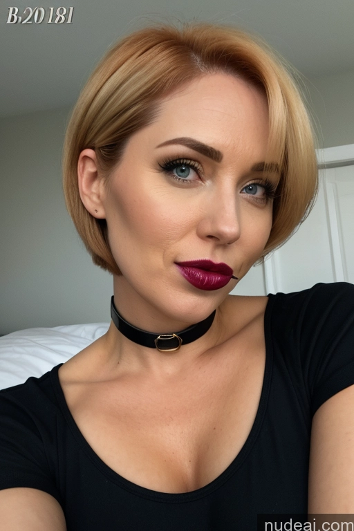 ai nude image of blond woman with red lipstick and black shirt posing for a picture pics of Dana Scully Short Hair Blonde Bedroom Bdsm Sorority Full Frontal Bondage Detailed Sexy Face 20s Dark Lighting Kidnapped-bdsm-willing Partner Small Tits