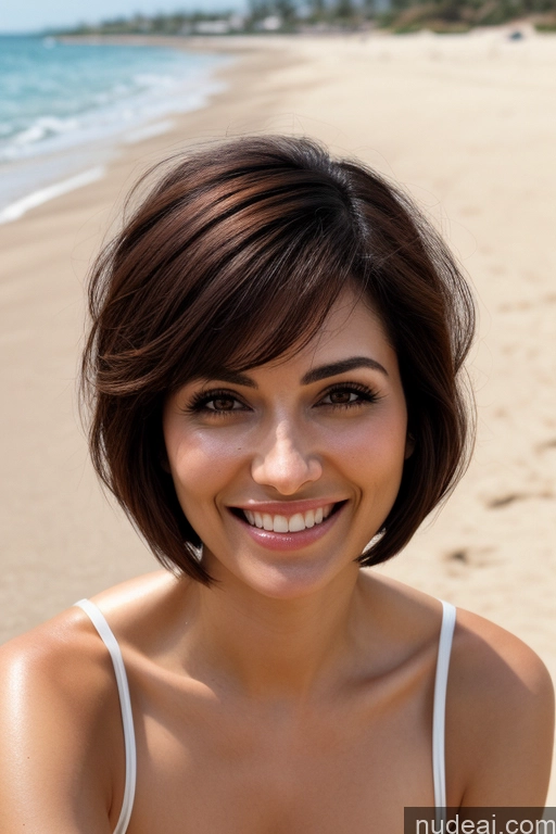 ai nude image of smiling woman with short brown hair on a beach near the ocean pics of Model One Small Tits Small Ass Pubic Hair Short Hair Fairer Skin Dark Skin 30s 40s Happy Brunette Black Hair Straight Bobcut Ponytail Indian Middle Eastern Arabic Beach Nude