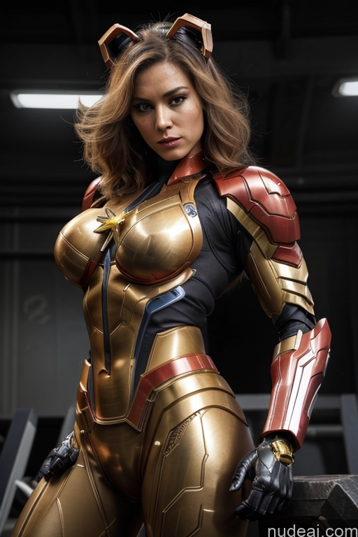 ai nude image of araffe woman in a gold suit posing for a picture pics of Superhero Captain Marvel SuperMecha: A-Mecha Musume A素体机娘 Woman Busty Abs Front View Bodybuilder Muscular Has Wings Angel Blonde