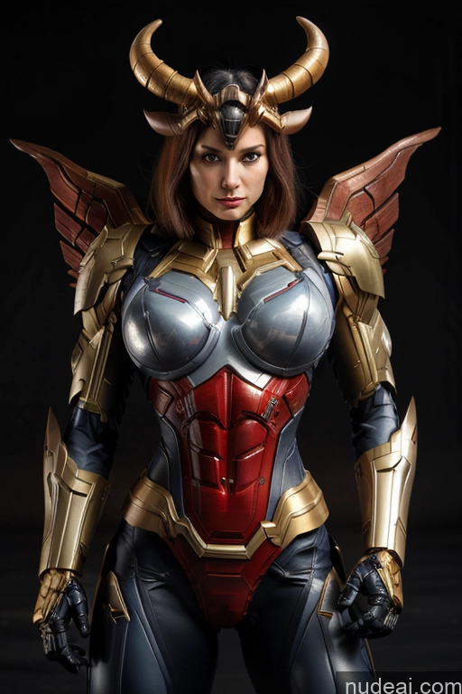 ai nude image of araffe woman in a costume with horns and armor posing for a picture pics of Superhero Captain Marvel SuperMecha: A-Mecha Musume A素体机娘 Woman Busty Abs Front View Bodybuilder Muscular Has Wings Angel Succubus