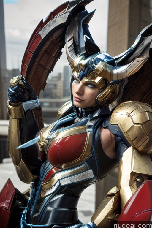 ai nude image of araffed woman in armor holding a sword and a sword pics of Superhero Captain Marvel SuperMecha: A-Mecha Musume A素体机娘 Woman Busty Abs Front View Bodybuilder Muscular Has Wings Angel Succubus Neon Lights Clothes: Blue