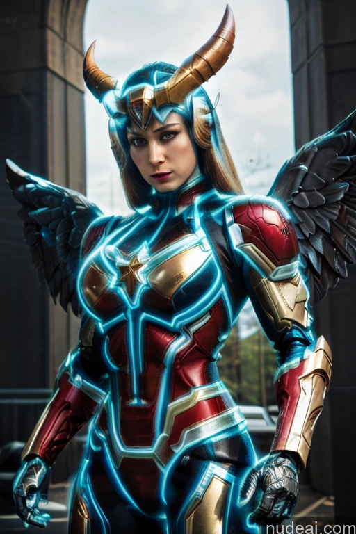 ai nude image of araffe dressed as a female angel with horns and wings pics of Superhero Captain Marvel SuperMecha: A-Mecha Musume A素体机娘 Woman Busty Abs Front View Bodybuilder Muscular Has Wings Angel Succubus Neon Lights Clothes: Blue