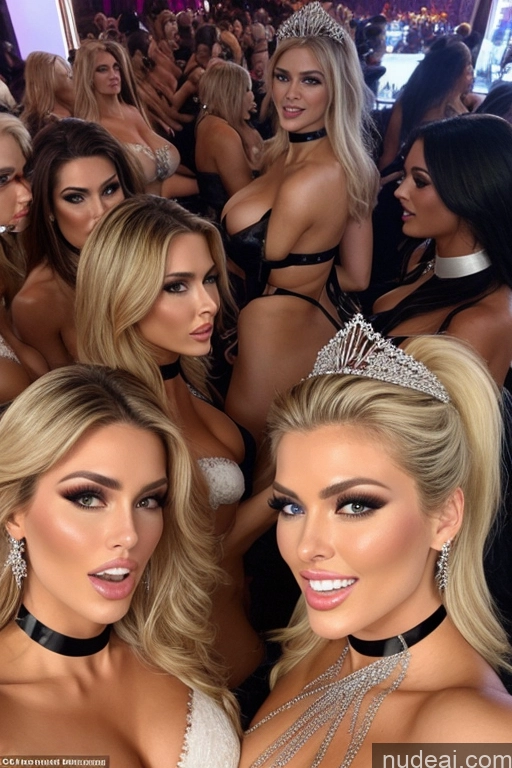 ai nude image of a group of women in lingersuits posing for a picture pics of Miss Universe Model Huge Boobs 20s Two Several Party Mirror Selfie Blonde Shocked Close-up View Choker