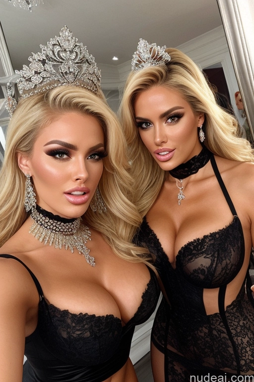 ai nude image of two women in lingersuits posing for a picture in a mirror pics of Miss Universe Model Huge Boobs 20s Two Several Party Mirror Selfie Shocked Close-up View Blonde Choker