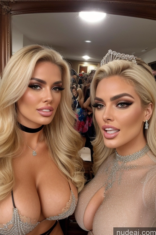 ai nude image of two women in lingersuits posing for a picture in front of a mirror pics of Miss Universe Model Huge Boobs 20s Two Several Party Mirror Selfie Shocked Close-up View Blonde Choker