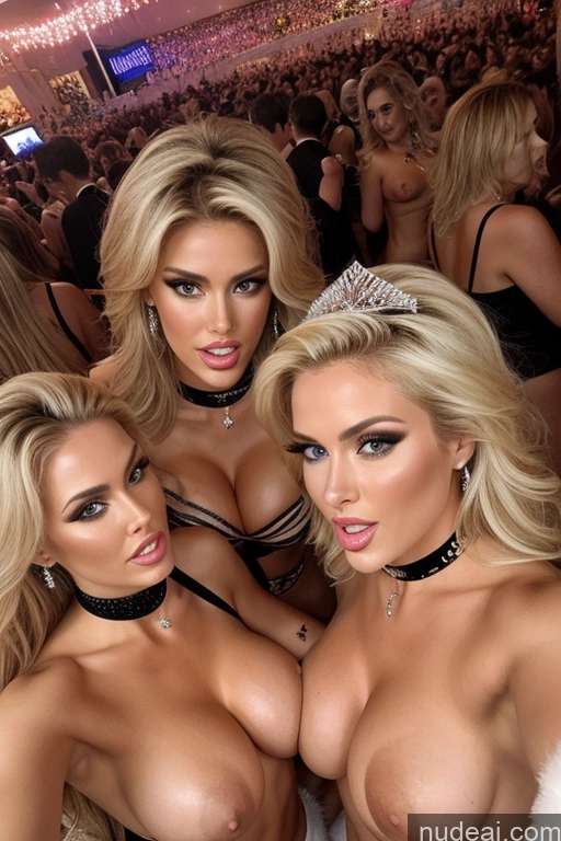 ai nude image of three women in lingersuits posing for a picture at a party pics of Miss Universe Model Huge Boobs 20s Two Several Party Mirror Selfie Shocked Close-up View Blonde Choker Topless