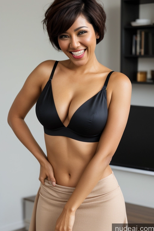 ai nude image of smiling woman in black bra top and tan skirt posing for camera pics of Lingerie Model One Small Tits Small Ass Pubic Hair Short Hair Fairer Skin Dark Skin 40s Laughing Black Hair Straight Bending Over Blouse Crop Top Dress Long Skirt Partially Nude Cleavage Topless Transparent Filipina Indian Middle Eastern Indonesian Office