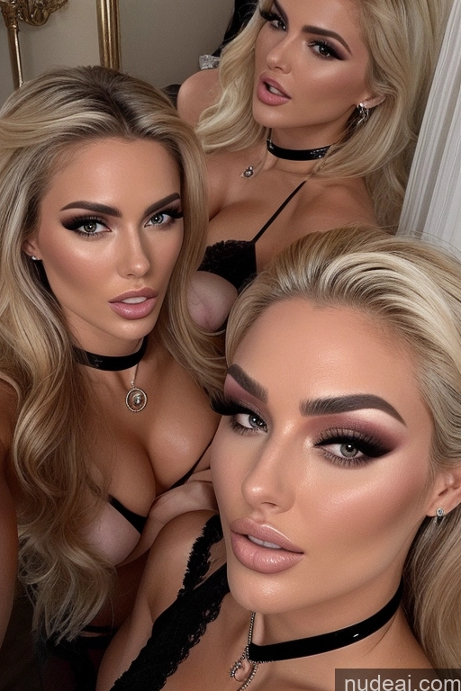 ai nude image of three women in lingersuits posing for a selfie pics of Miss Universe Model Huge Boobs 20s Two Several Party Mirror Selfie Shocked Close-up View Blonde Choker Topless