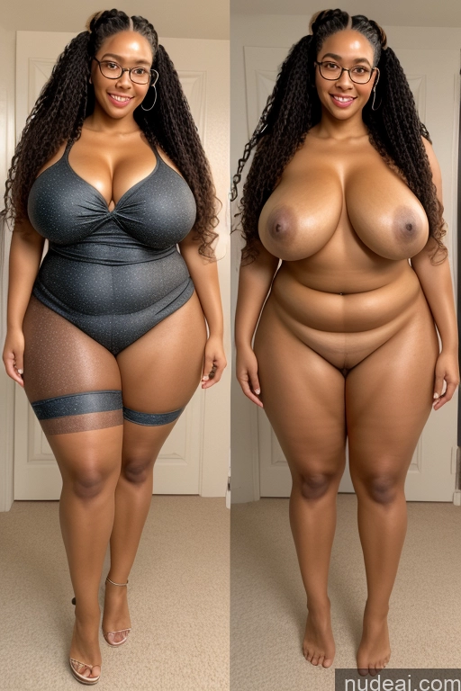 ai nude image of two pictures of a woman with a very large breast and a very large breast pics of Milf One Glasses Chubby Curly Hair 30s Happy Seductive Black Hair Hair Bun Soft + Warm Bedroom Partially Nude Onoff Front View Thick Pubic Hair Long Hair Busty Perfect Body African Nude