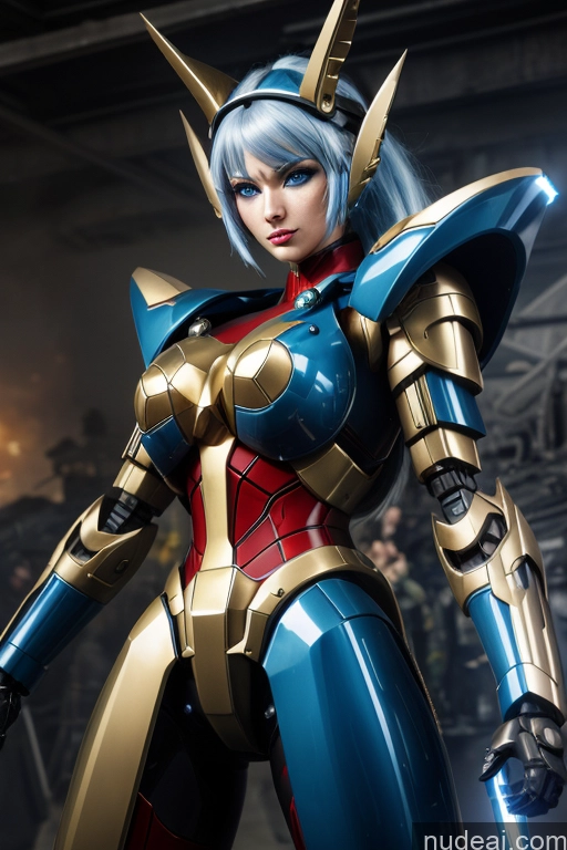 ai nude image of araffed woman in a blue and gold costume holding a sword pics of SuperMecha: A-Mecha Musume A素体机娘 Gold Jewelry Deep Blue Eyes Rainbow Haired Girl Battlefield Two Several