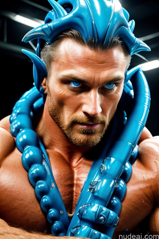 ai nude image of arafed man with blue hair and a blue mask on pics of Bodybuilder Glowing, Skull, Armor, Spikes, Teeth, Monster, Dirty, Tentacles, Pus, Pimples, Crack, Truenurgle Deep Blue Eyes