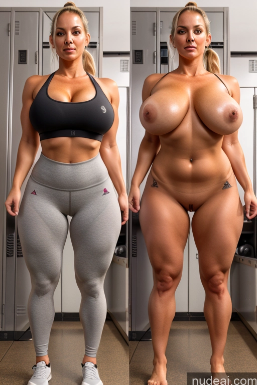 ai nude image of two women in tight pants and a black top posing for a picture pics of Huge Boobs Perfect Boobs Small Ass 30s 40s Italian Blonde Onoff Ponytail Athlete Yoga Pants Sports Bra Locker Room Gym T-pose Mirror Selfie Close-up View