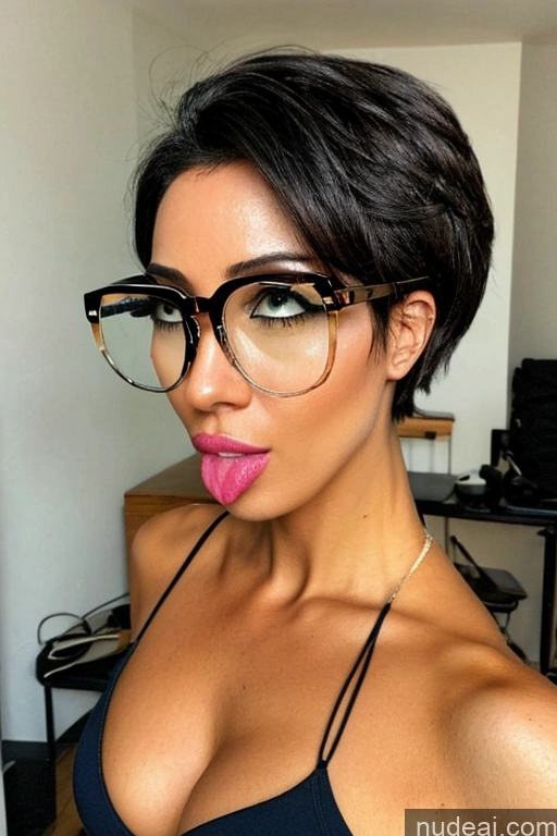 ai nude image of a close up of a woman with glasses and a pink lip pics of Woman Two Perfect Boobs Glasses Perfect Body Short Hair 20s Orgasm Ahegao Black Hair Hair Bun Indonesian Japanese Korean