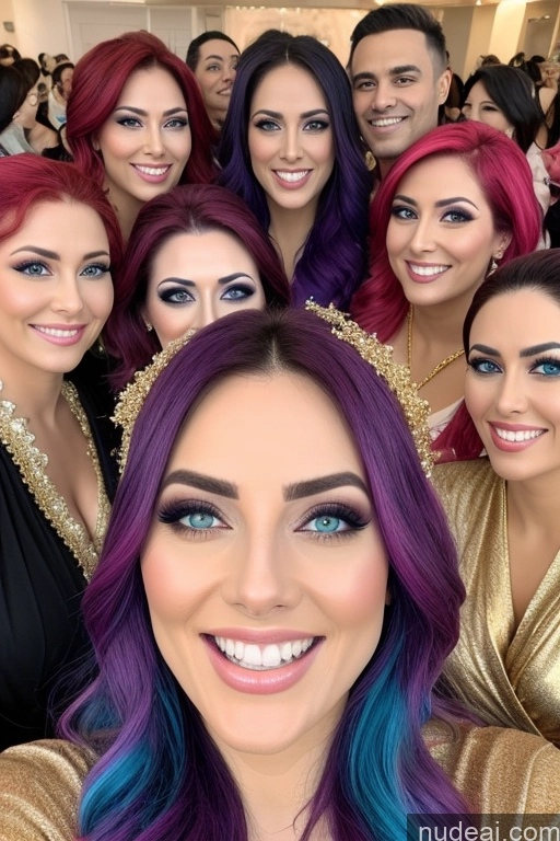 ai nude image of a group of women with purple hair posing for a picture pics of Several Happy Busty Rainbow Haired Girl Gold Jewelry Diamond Jewelry Transparent Bathrobe