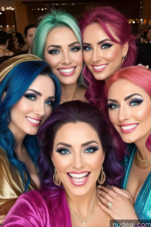 ai nude image of a close up of four women with colorful hair posing for a picture pics of Several Happy Busty Rainbow Haired Girl Gold Jewelry Diamond Jewelry Transparent Bathrobe