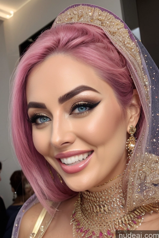 ai nude image of a close up of a woman with pink hair wearing a veil pics of Several Happy Busty Rainbow Haired Girl Gold Jewelry Diamond Jewelry Transparent Space Suit