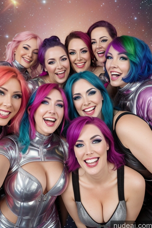 ai nude image of there are many women with colorful hair posing for a picture pics of Several Happy Busty Rainbow Haired Girl Space Suit