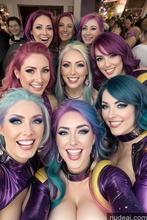 ai nude image of arafed group of women with colorful hair posing for a picture pics of Several Happy Busty Rainbow Haired Girl Space Suit