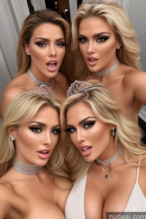 ai nude image of three women in white dresses posing for a picture with a tiable pics of Miss Universe Model Huge Boobs 20s Two Several Party Mirror Selfie Shocked Close-up View Choker Nude Blonde