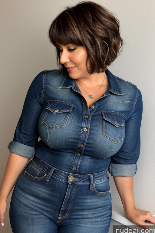 ai nude image of a close up of a woman in a denim shirt and jeans pics of Milf One Busty Big Ass Thick Short 40s Brunette Bangs Latina Jeans Short Hair