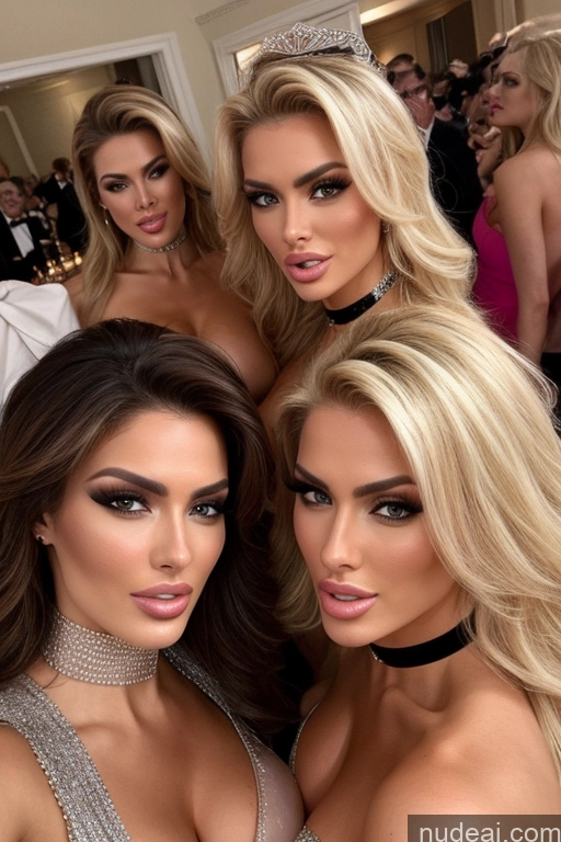 ai nude image of three women in evening dresses posing for a picture with a tiable pics of Miss Universe Model Huge Boobs 20s Two Several Party Mirror Selfie Blonde Shocked Close-up View Choker