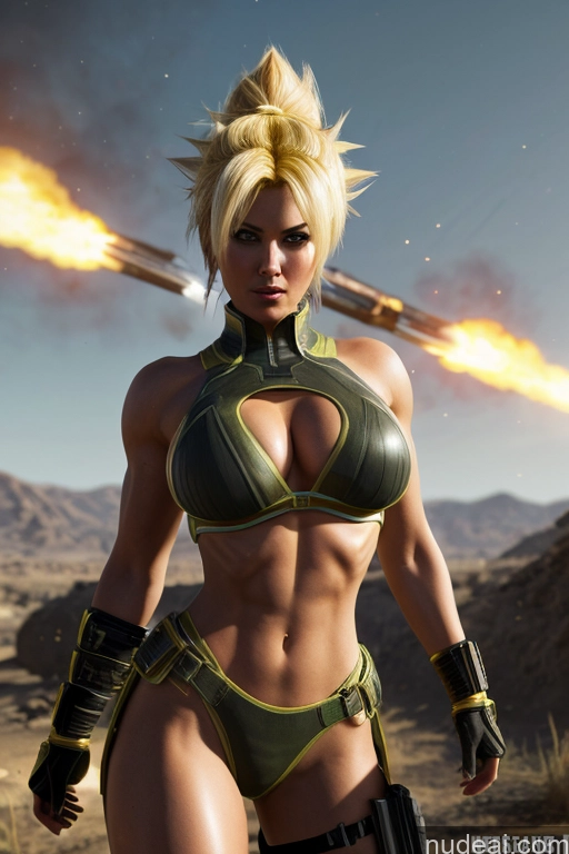 related ai porn images free for Super Saiyan Busty Muscular Front View Cyborg Woman Science Fiction Style Neon Lights Clothes: Yellow Battlefield Desert Mountains