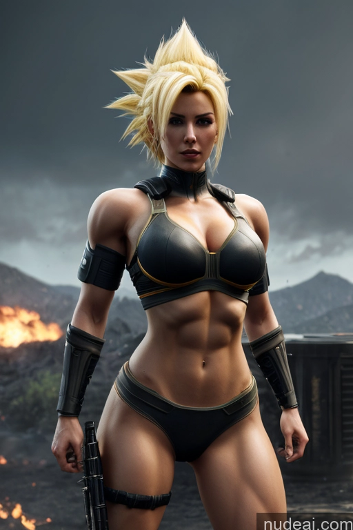 related ai porn images free for Super Saiyan Busty Muscular Front View Cyborg Woman Science Fiction Style Neon Lights Clothes: Yellow Battlefield Mountains Moon