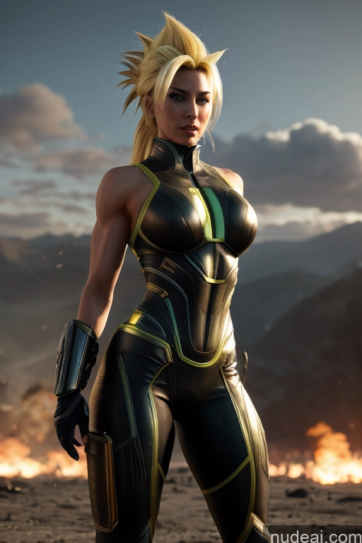 related ai porn images free for Super Saiyan Busty Muscular Front View Cyborg Woman Science Fiction Style Neon Lights Clothes: Yellow Battlefield Mountains Moon