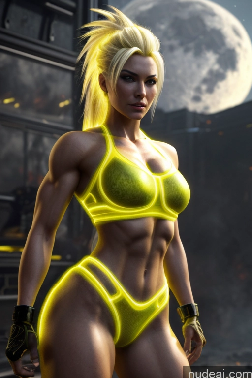 related ai porn images free for Super Saiyan Busty Muscular Front View Cyborg Woman Science Fiction Style Neon Lights Clothes: Yellow Battlefield Moon