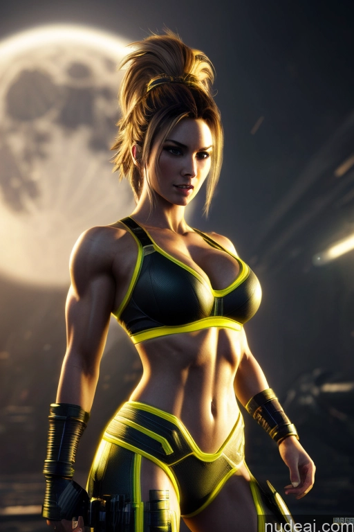 related ai porn images free for Super Saiyan Busty Muscular Front View Cyborg Woman Science Fiction Style Neon Lights Clothes: Yellow Battlefield Moon