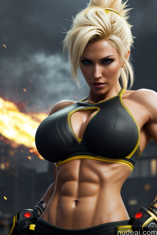 ai nude image of arafed woman in a bikini top with a fire in the background pics of Super Saiyan Busty Muscular Front View Cyborg Woman Science Fiction Style Neon Lights Clothes: Yellow Blonde Battlefield Neon Lights Clothes: Orange Cosplay Abs