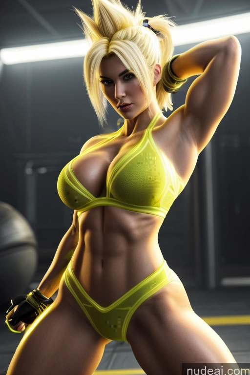 ai nude image of arafed woman in a yellow bikini posing in a gym pics of Super Saiyan Busty Muscular Front View Cyborg Woman Science Fiction Style Neon Lights Clothes: Yellow Blonde Neon Lights Clothes: Orange Neon Lights Clothes: Red Battlefield Martial Arts Cosplay