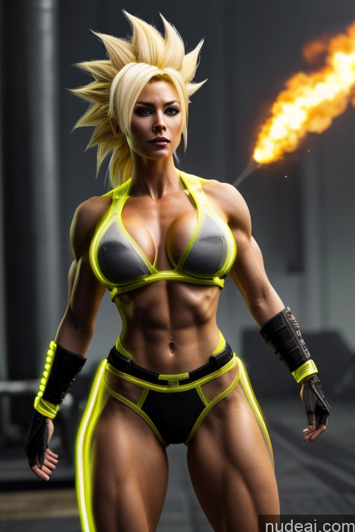 ai nude image of arafed woman in a bikini with a fire in her hand pics of Super Saiyan Busty Front View Woman Science Fiction Style Neon Lights Clothes: Yellow Blonde Neon Lights Clothes: Orange Neon Lights Clothes: Red Martial Arts Abs Muscular Cosplay Cyborg Battlefield