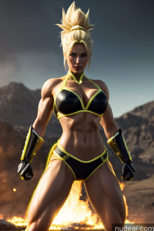 ai nude image of arafed female in a bikini and gloves posing in front of a fire pics of Super Saiyan Busty Front View Woman Science Fiction Style Neon Lights Clothes: Yellow Blonde Neon Lights Clothes: Orange Neon Lights Clothes: Red Martial Arts Abs Muscular Cosplay Cyborg Battlefield