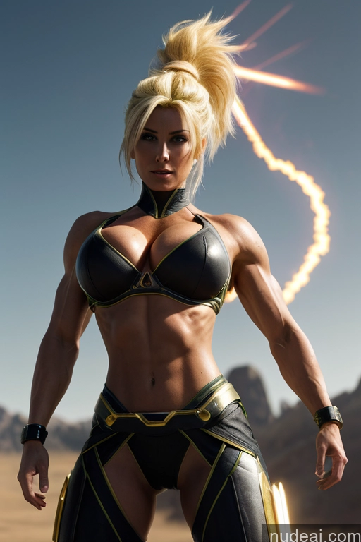 ai nude image of arafed female in a black and yellow outfit posing for a picture pics of Super Saiyan Busty Front View Woman Science Fiction Style Neon Lights Clothes: Yellow Blonde Neon Lights Clothes: Orange Neon Lights Clothes: Red Martial Arts Abs Muscular Cosplay Cyborg Battlefield